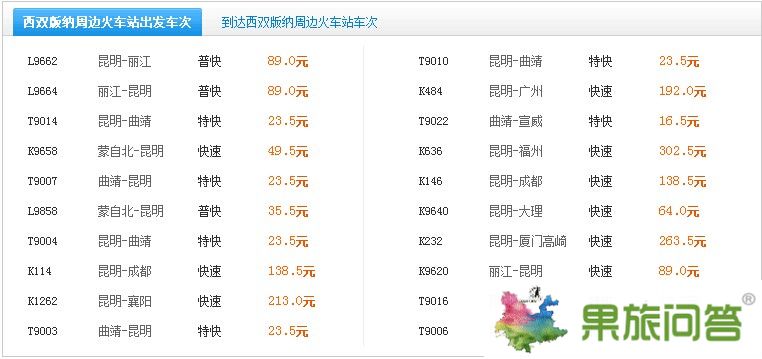 西雙版納周邊火車站出發車次